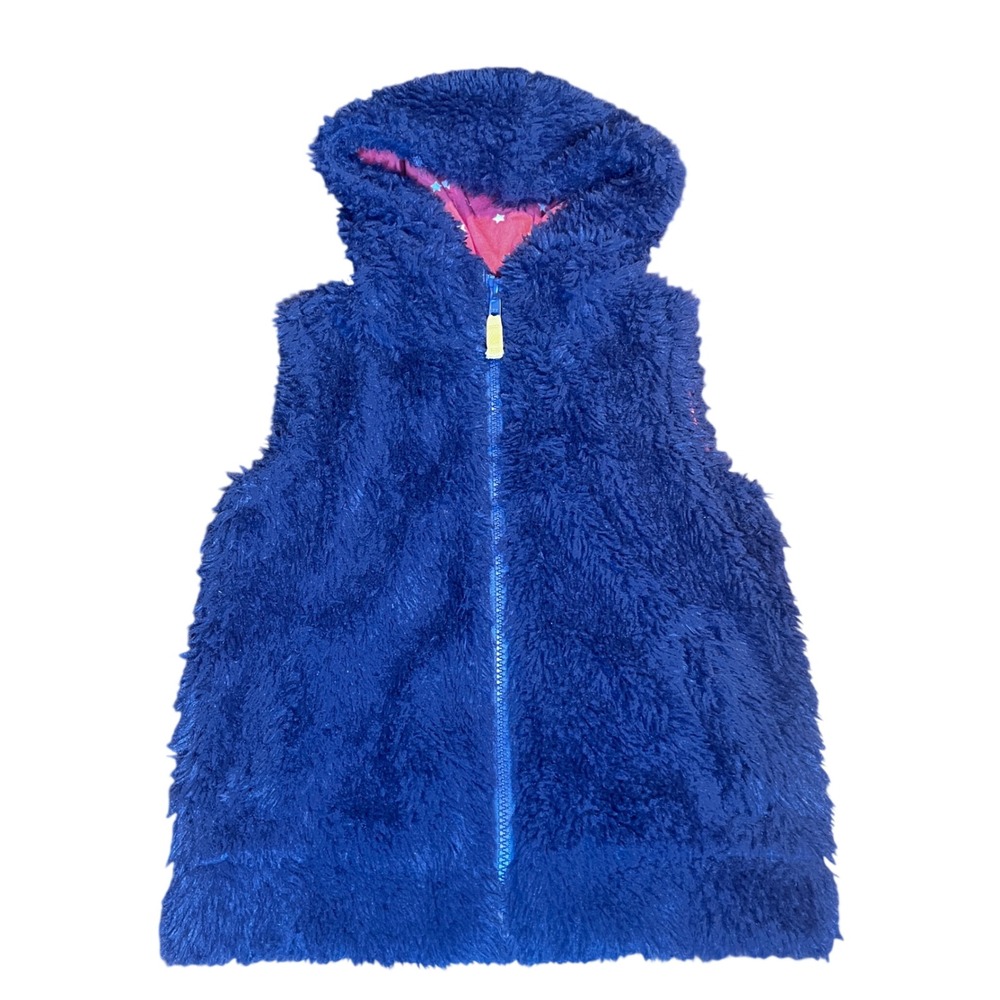 Mini Boden Kids Blue Shaggy Sherpa Fleece Hooded Vest Star Lining 4-5Y Teddy